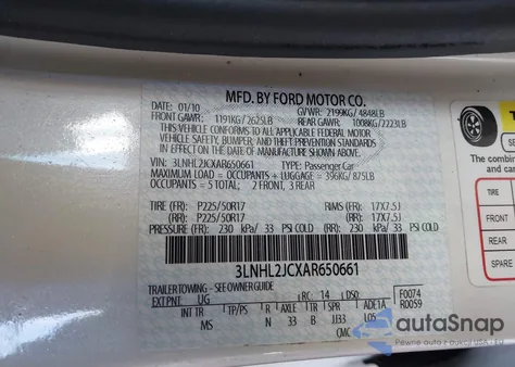 2010 Lincoln Mkz z USA, uszkodzony, nr VIN 3LNHL2JCXAR650661